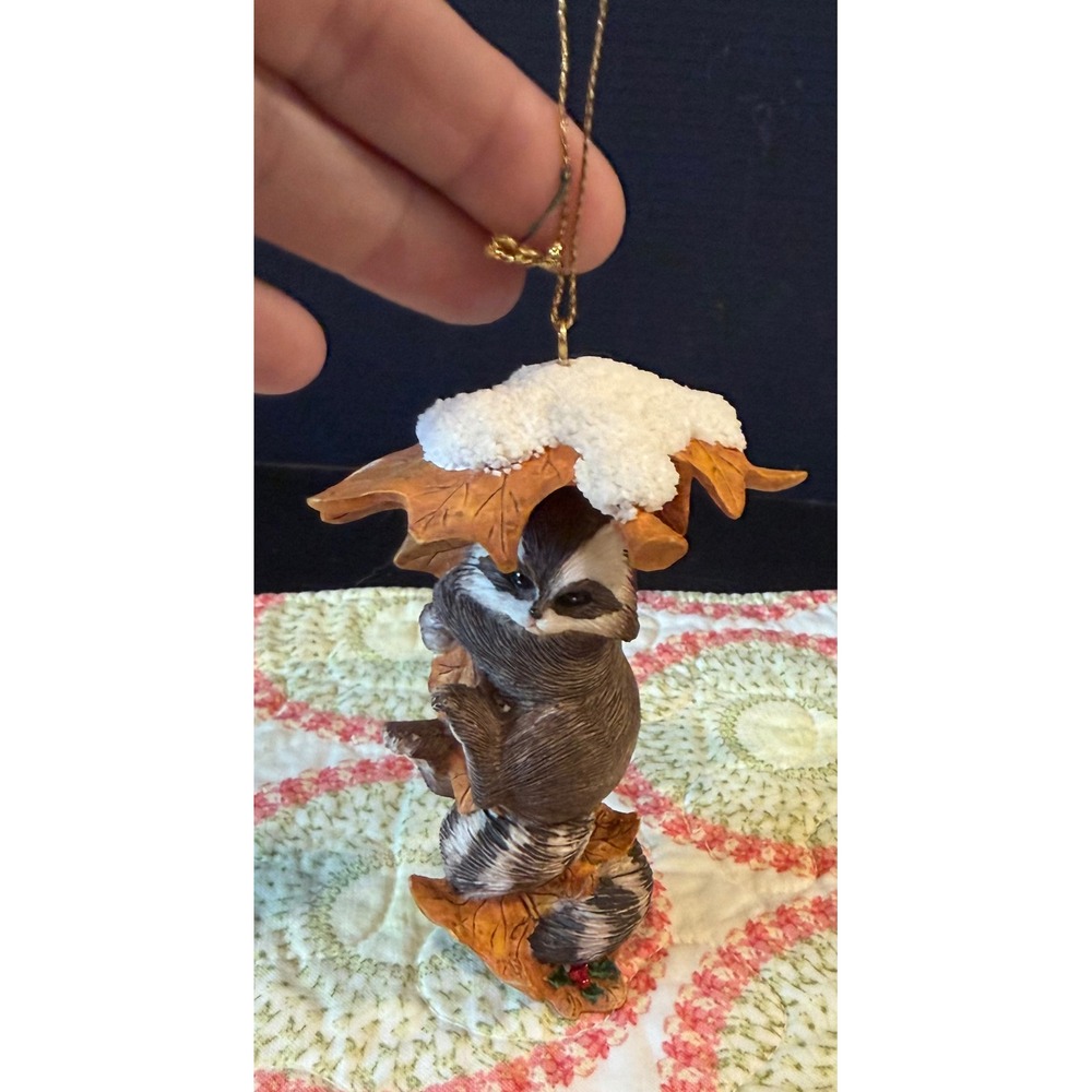 Charming‎ Tails Christmas Ornament Brown Raccoon On Leaves Decor
